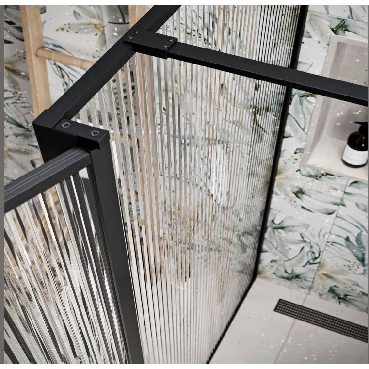 Hopper Black Fluted Glass Frame Shower Screen 1080mm & 300mm Single Frame Return Panel N23