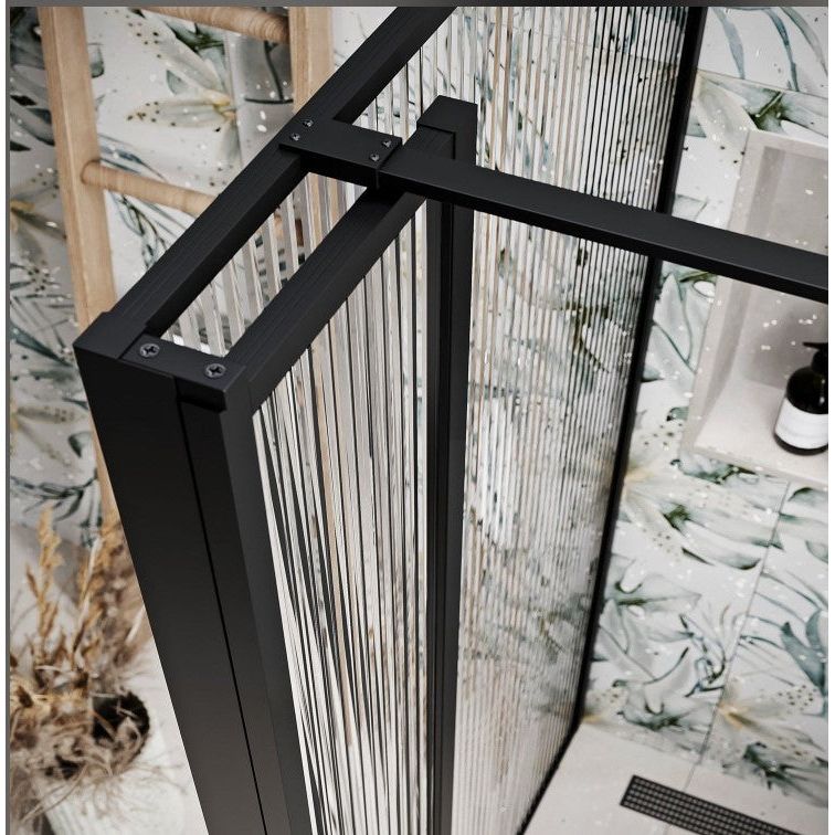 Hopper Black Fluted Glass Frame Shower Screen 1080mm & 300mm Single Frame Return Panel N23
