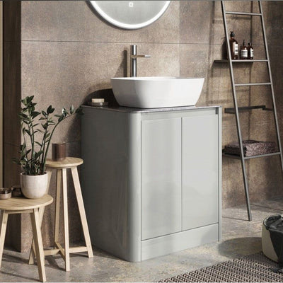 Lucy 650mm Floor Standing Vanity Unit in Light Grey Gloss with Grey Marble Worktop