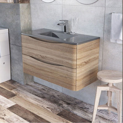Montana 900mm Wall Hung Vanity Unit in Light Oak & Grey Glass Basin