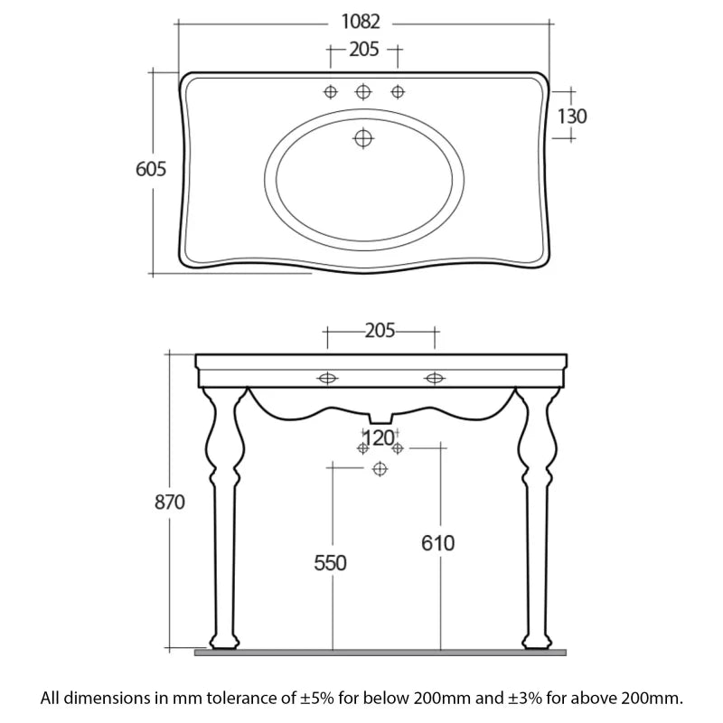 RAK Console Deluxe Basin with Ceramic Legs 1050mm Wide - 3 Tap Hole