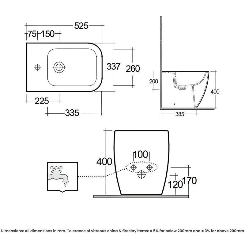 RAK Feeling Back to Wall Bidet 525mm Projection 1 Tap Hole - Matt Greige
