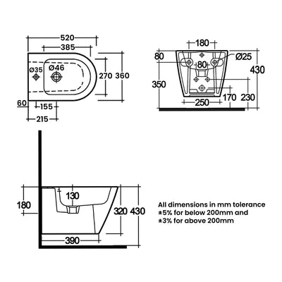 RAK Feeling Rimless Wall Hung Bidet 520mm Projection - Matt Greige