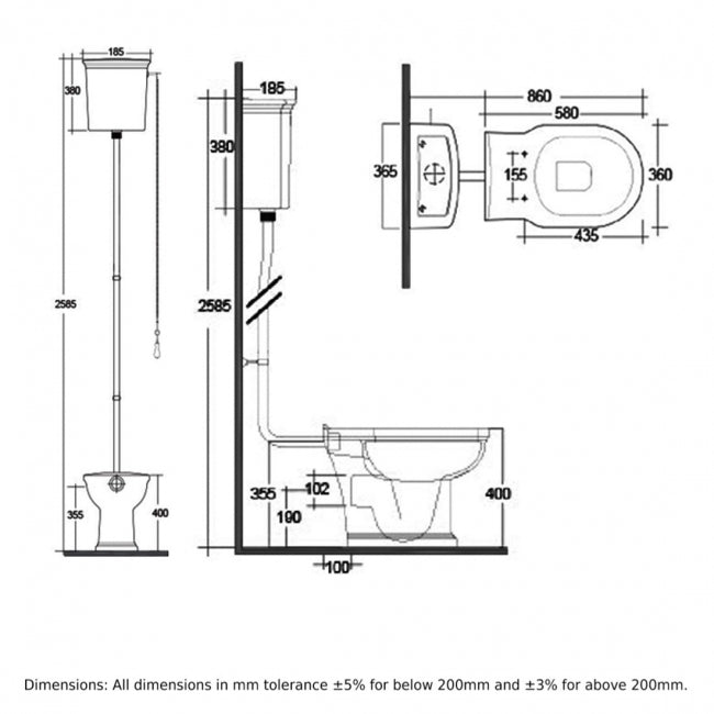 RAK Washington High Level Toilet with Horizontal Outlet - Greige Soft Close Wood Seat