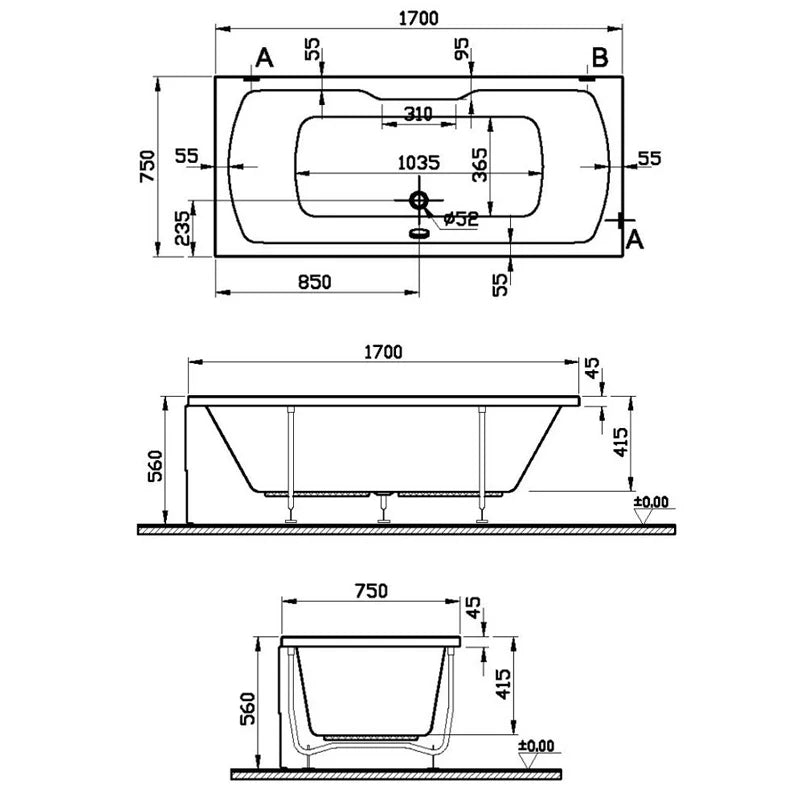 VitrA Optima Double Ended Bath – 1700x750mm