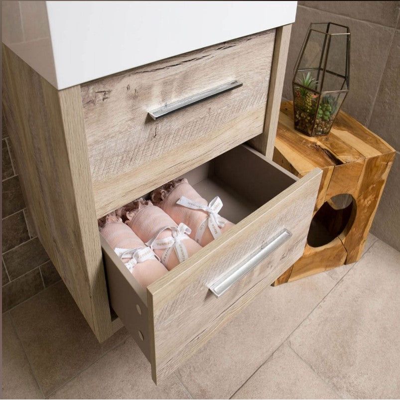 Hermoine 750mm Wall Mounted Vanity Unit & Basin - Light Sawn Oak Effect