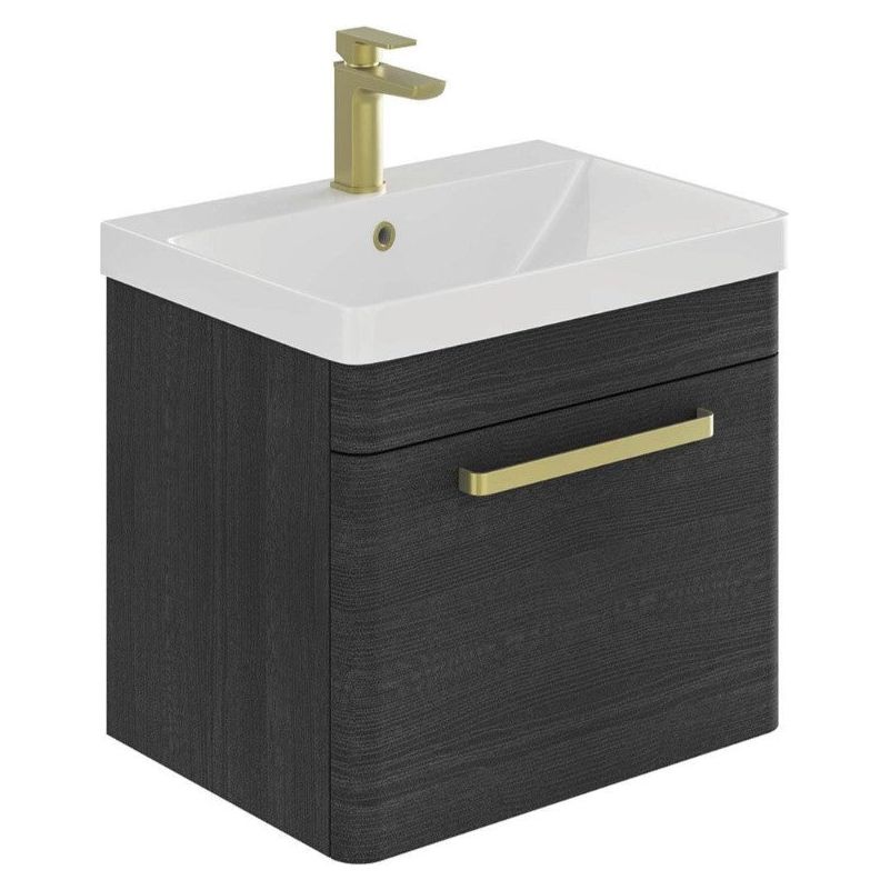Elsa 600mm Wall Mounted Vanity Unit & Basin in Textured Black with Brushed Gold Handles