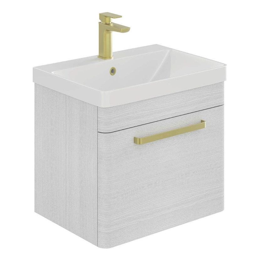 Elsa 600mm Wall Mounted Vanity Unit & Basin in Textured White with Brushed Gold Handles