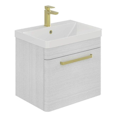 Elsa 600mm Wall Mounted Vanity Unit & Basin in Textured White with Brushed Gold Handles