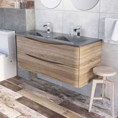 Montana 1200mm Wall Hung Vanity Unit in Light Oak & Grey Glass Basin
