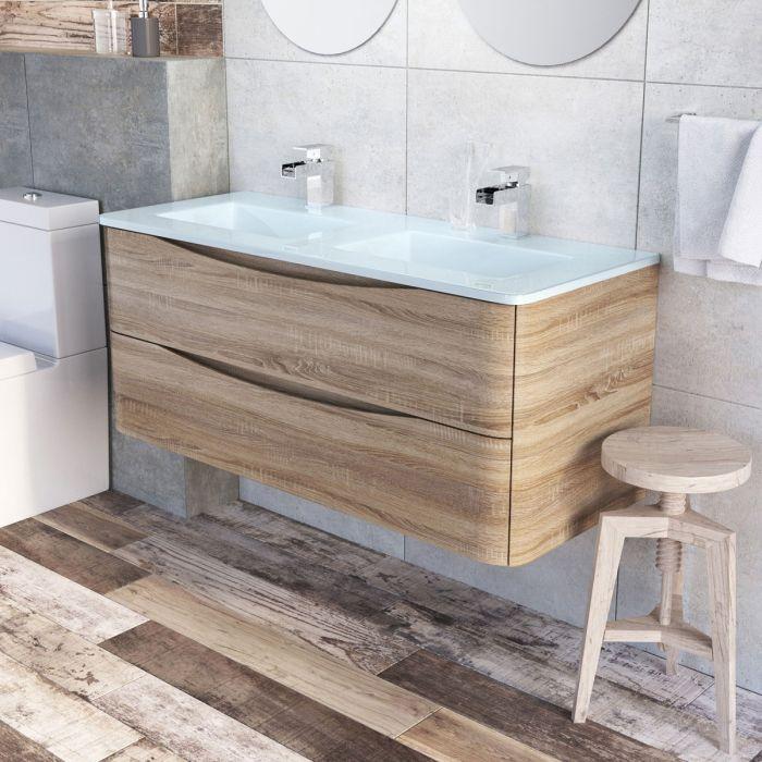Montana 1200mm Wall Hung Vanity Unit in Light Oak & White Glass Basin