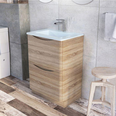 Montana 600mm Floorstanding Vanity Unit in Light Oak & White Glass Basin