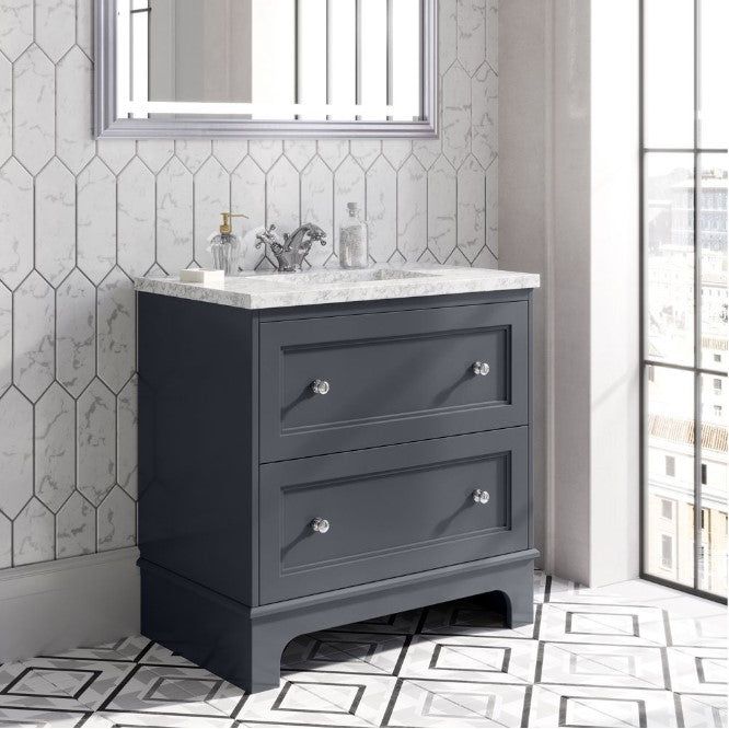 York 800mm Vanity Unit in Midnight Grey with Marble Worktop & Ceramic Basin