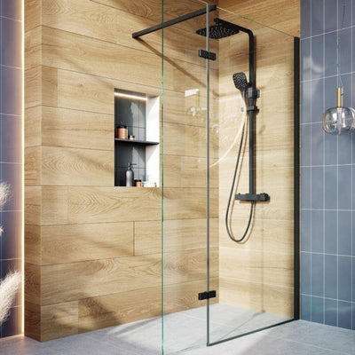 Roman Wetroom Walk in Glass Screens with Hinged Panel Black - 1000 + 350mm