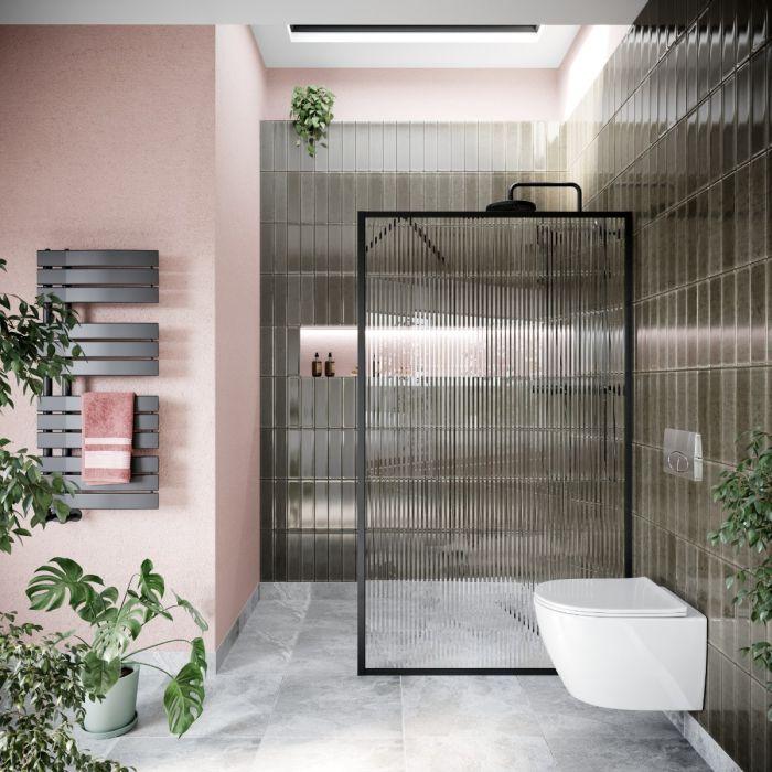 Hopper Black Frame Shower Screen - Fluted Glass 1180mm