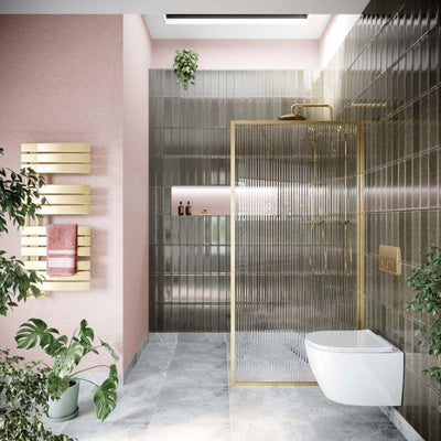 Hopper Brushed Gold Frame Shower Screen - Fluted Glass 680mm