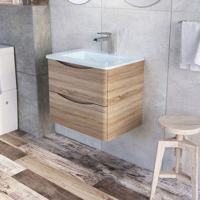 Montana 600mm Wall Hung Vanity Unit in Light Oak & White Glass Basin