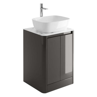 Lucy 550mm Floor Standing Vanity Unit in Titanium Grey Gloss with White Marble Worktop