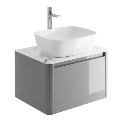 Lucy 550mm Wall Hung Vanity Unit in Light Grey Gloss with White Marble Worktop