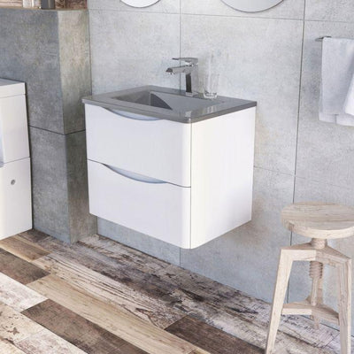 Montana 600mm Wall Hung Vanity Unit in Gloss White & Grey Glass Basin