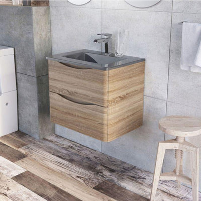 Montana 600mm Wall Hung Vanity Unit in Light Oak & Grey Glass Basin