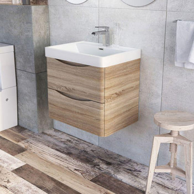 Montana 600mm Wall Hung Vanity Unit in Light Oak & Resin Basin