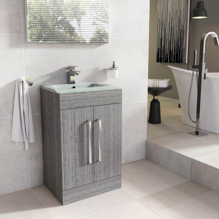 Veto 515mm Floor Standing Vanity Unit Grey Ash With White Glass Basin - Interiors Home Stores