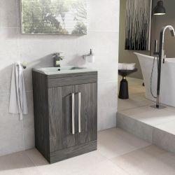 Veto 600mm Floor Standing Vanity Unit Dark Elm With White Glass Basin - Interiors Home Stores