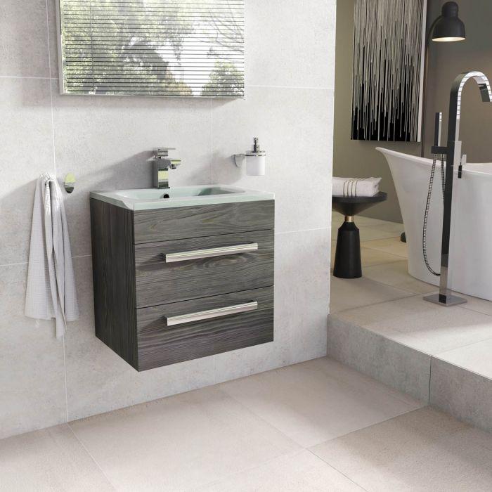 Veto 600mm Wall Mounted Vanity Unit Dark Elm With White Glass Basin - Interiors Home Stores